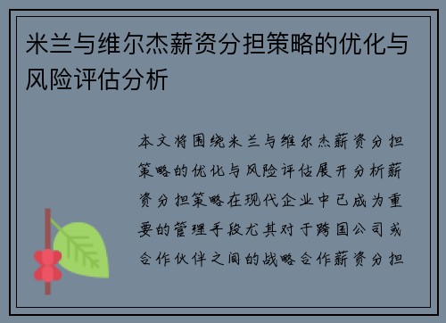 米兰与维尔杰薪资分担策略的优化与风险评估分析