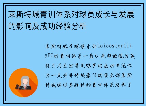 莱斯特城青训体系对球员成长与发展的影响及成功经验分析