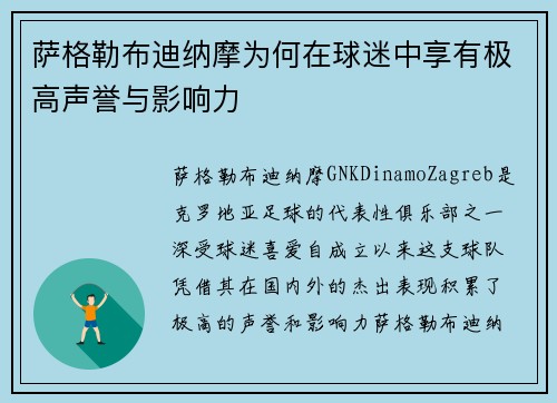 萨格勒布迪纳摩为何在球迷中享有极高声誉与影响力